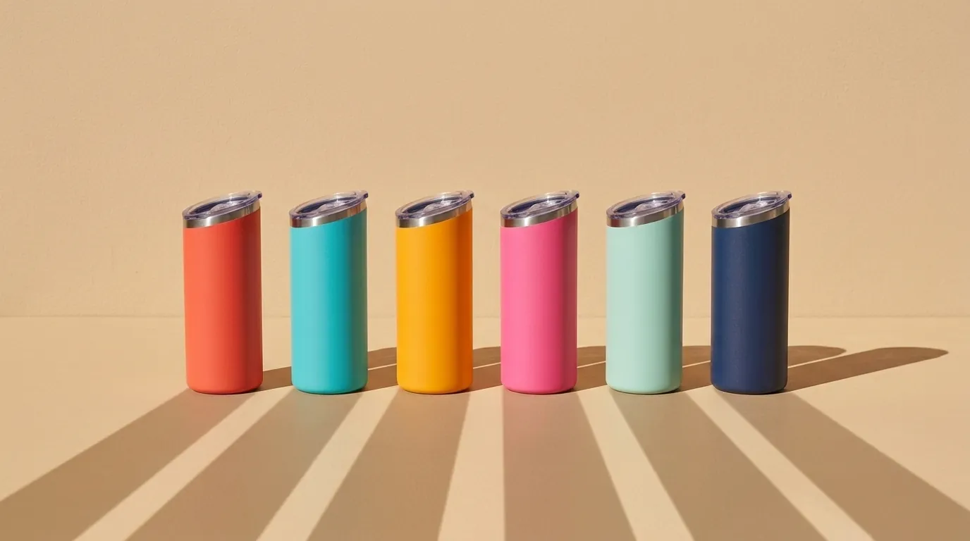Six Tilt Classic tumblers in a row, one in each ANGLOVIA color