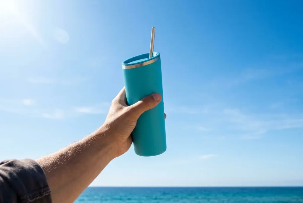 A Tilt Tall tumbler in Lagoon held up against the sky